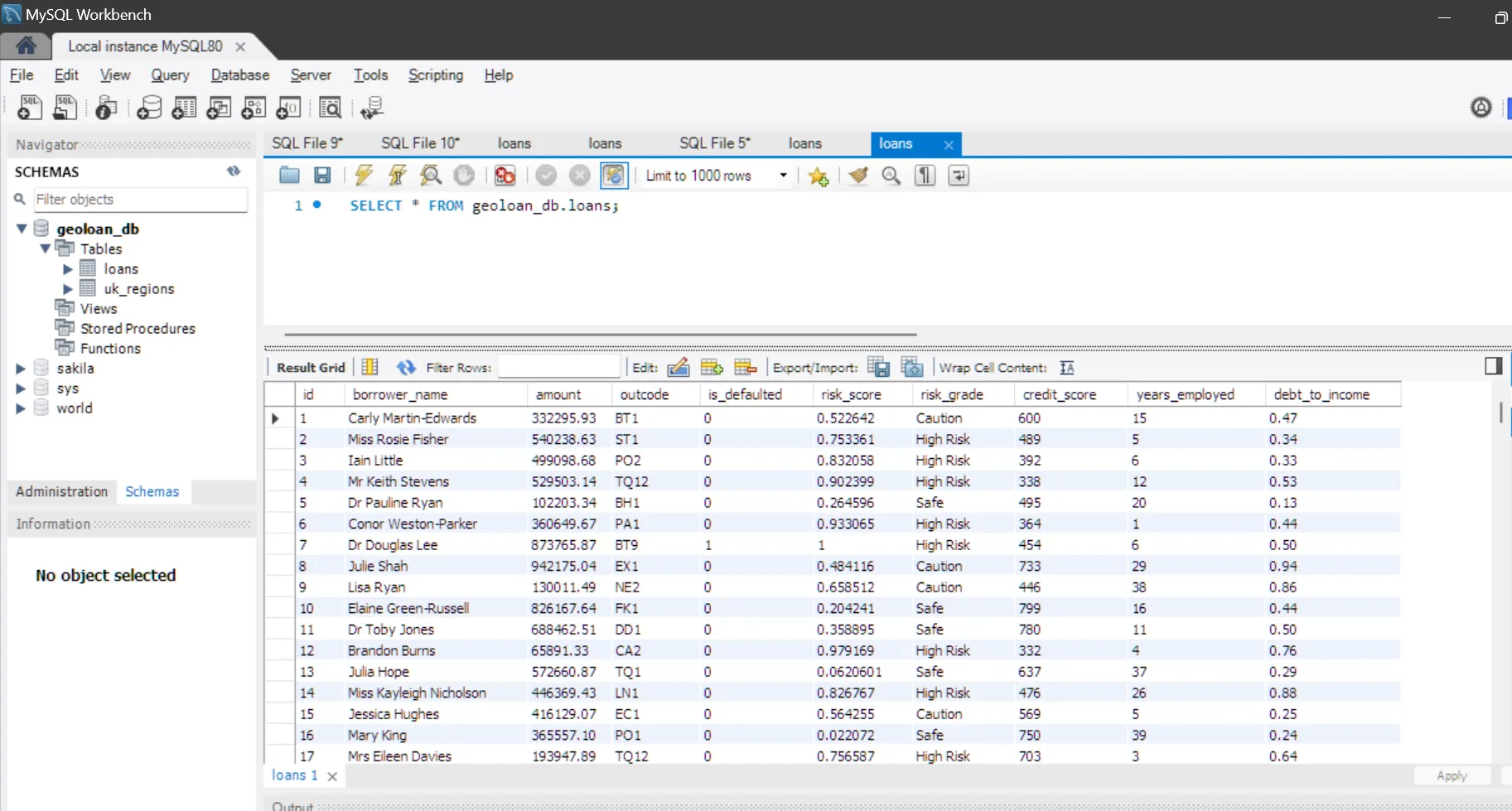 screenshot of the database