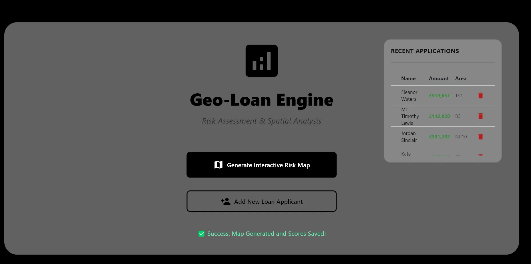 Screenshot of the dashboard interface