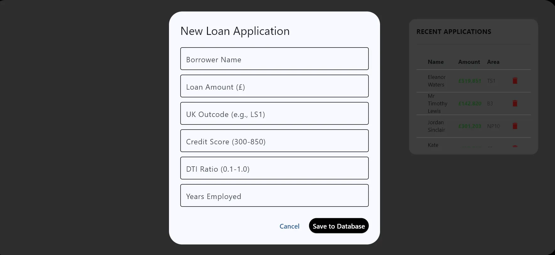 Screenshot of adding a new loanee
