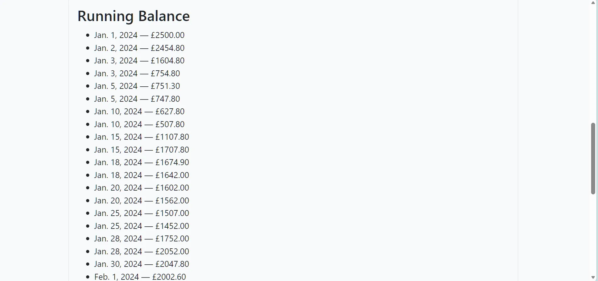 Running balance dashboard